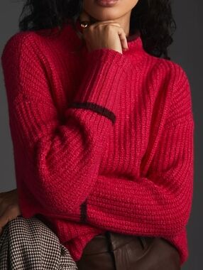 Anthropologie Maeve Mock Neck Chunky Knit Sweater In Pink Size Large
